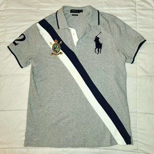 Polo Ralph Lauren RARE Embroidered Logo Gray Navy White Gold Striped Mens Shirt
